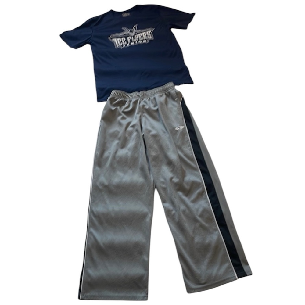 C9 champion athletic pants gray boys size 12 14 Ice Flyers hockey jet blue top L